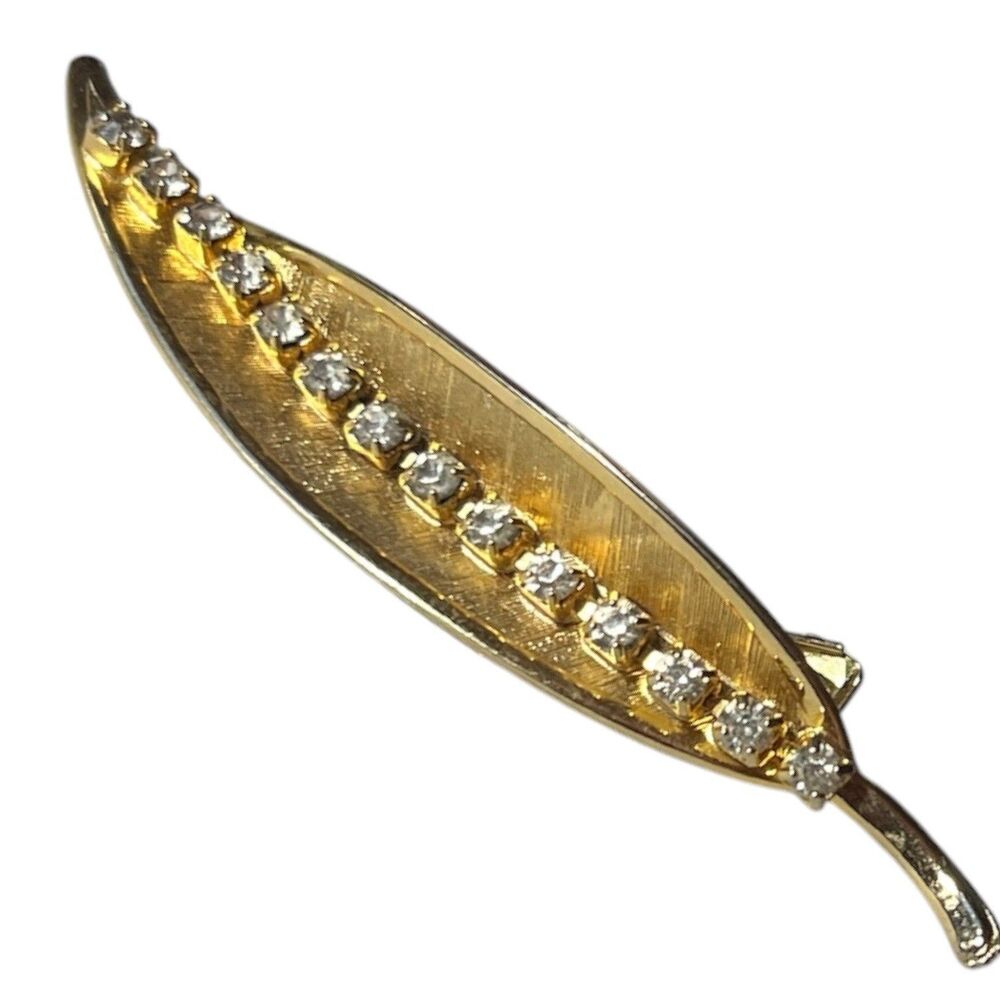 Vintage Continental Hair Clip Textured Gold Tone Leaf Rhinestones c1950